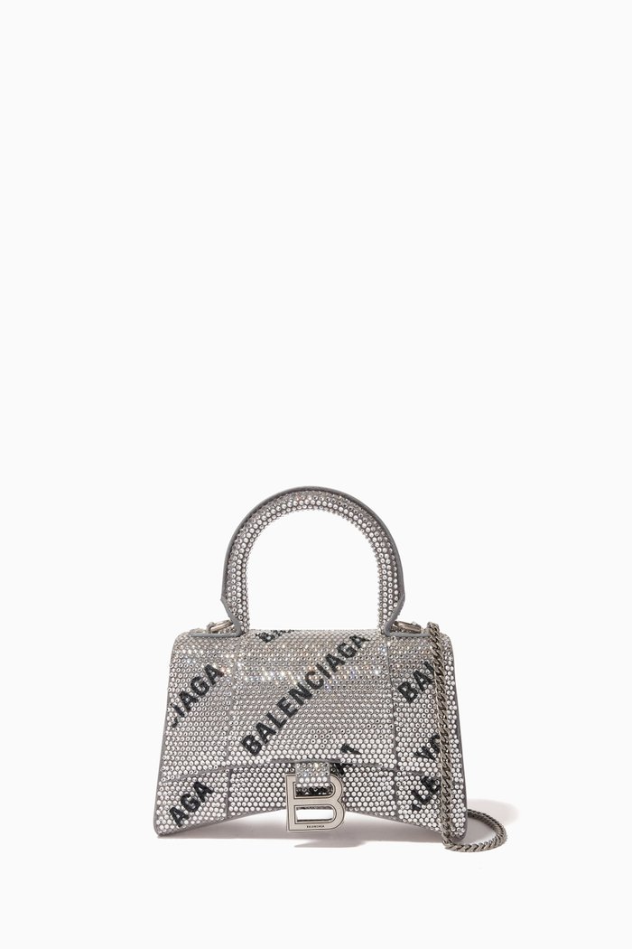 

XS Hourglass Top Handle Bag with Rhinestones in Suede Calfskin, Silver