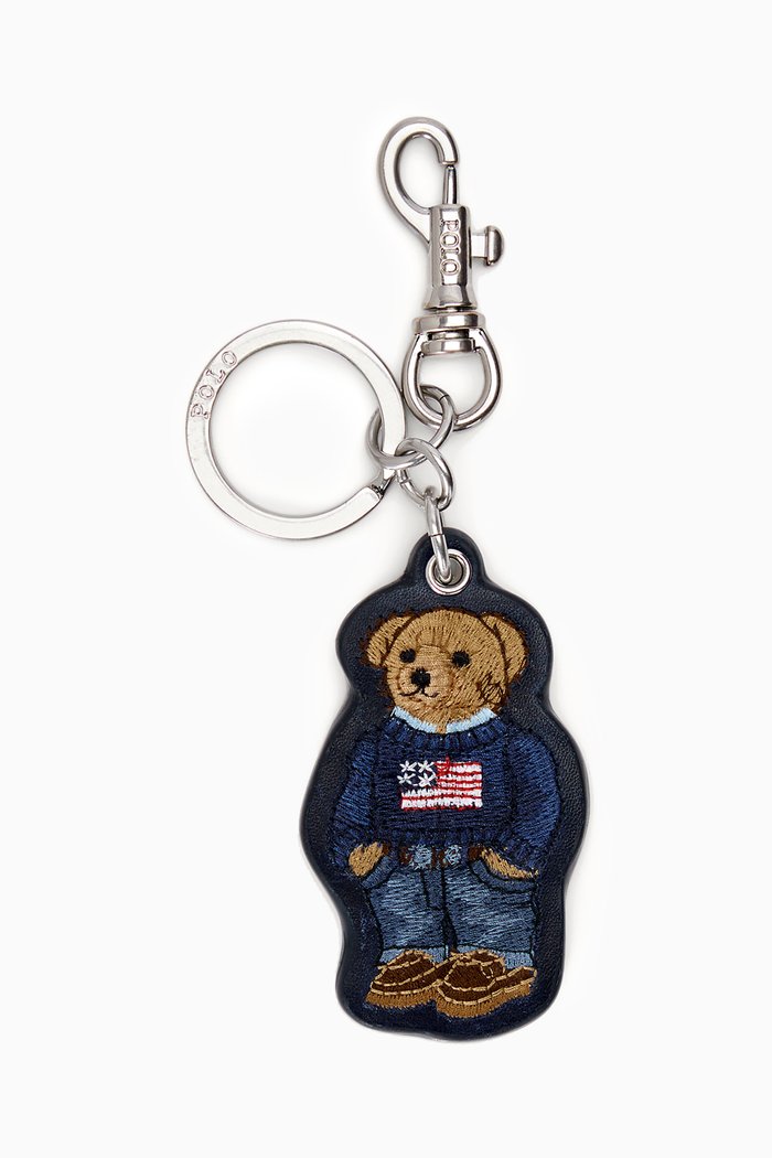 

Bear Logo Keychain in Leather, Blue