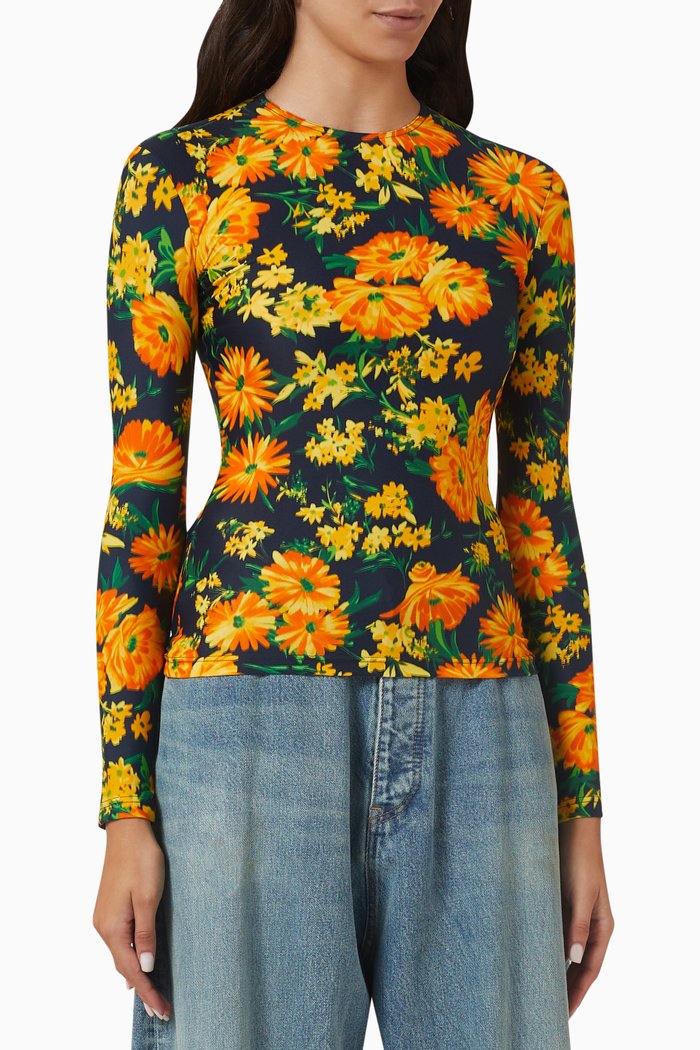 Floral-print Long Sleeve Top, Yellow