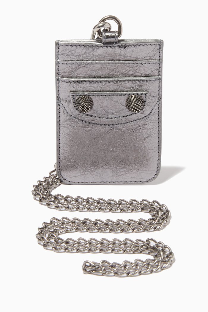 

Le Cagole Card Holder with Chain in Metallic-leather, Silver