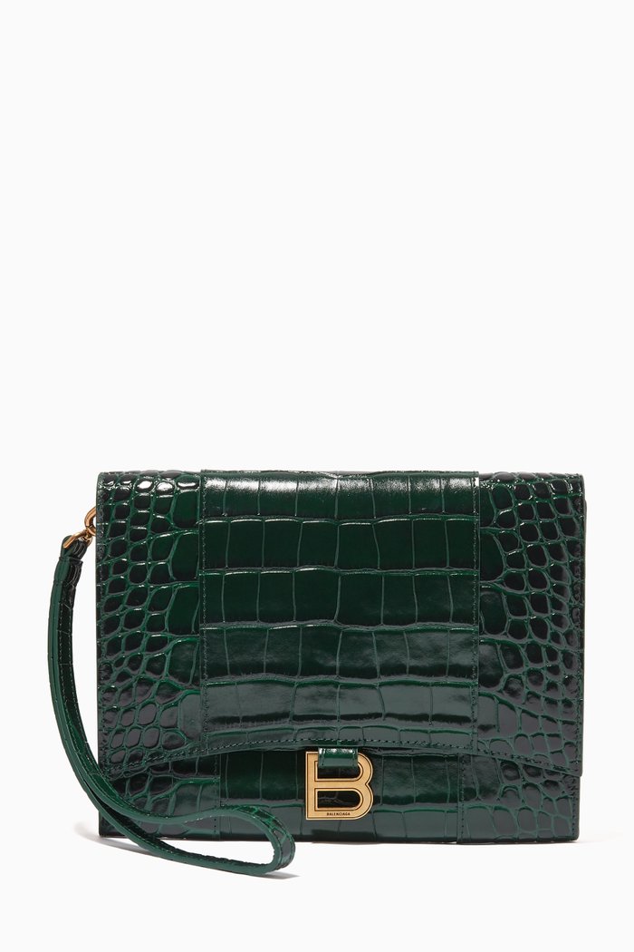 

Hourglass Gusset Pouch in Shiny Crocodile Embossed Calfskin, Green