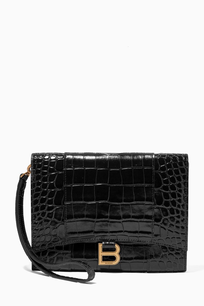 

Hourglass Gusset Pouch in Shiny Crocodile Embossed Calfskin, Black
