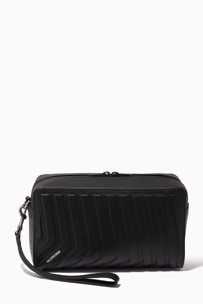 Car Toiletry Pouch in Grained Calfskin, Black
