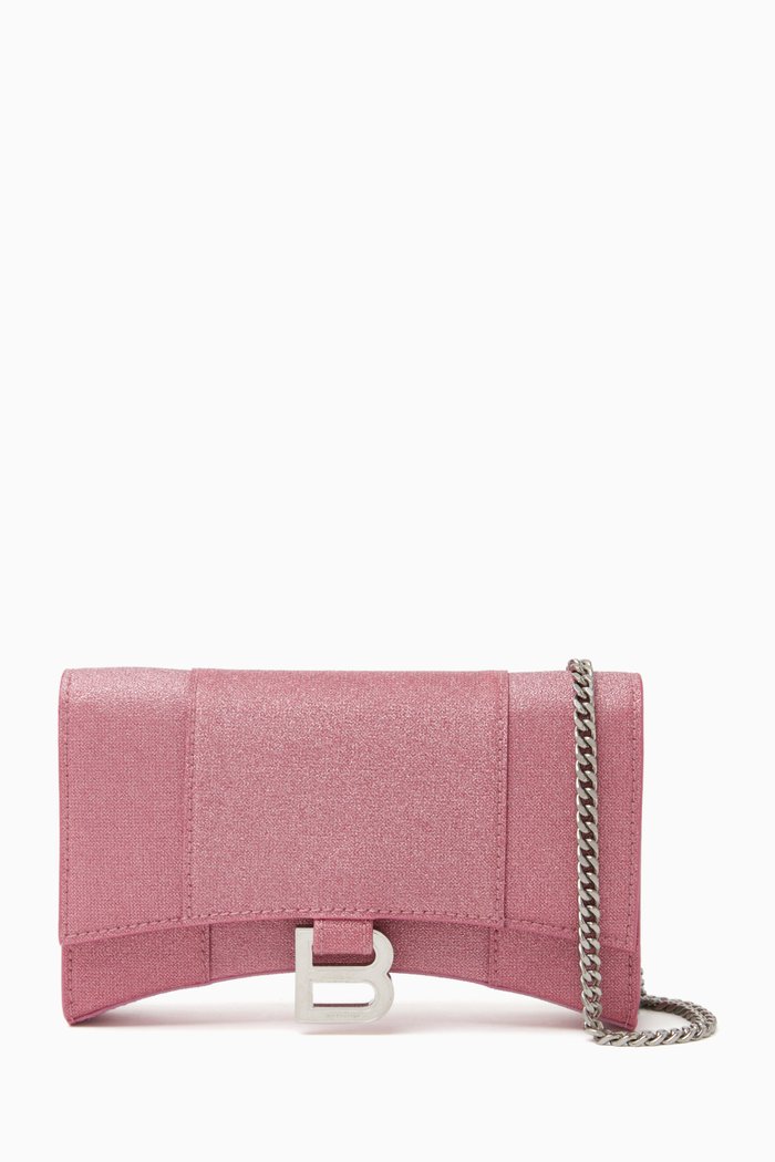 

XS Hourglass Wallet on Chain in Glittered-fabric, Pink