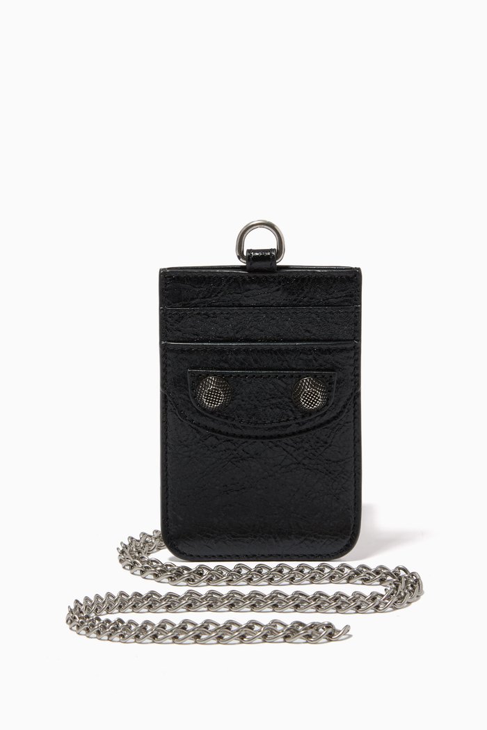 

Le Cagole Card Holder with Chain in Grained Leather, Black