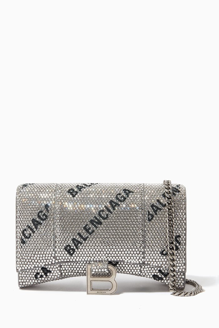 

Hourglass Wallet on Chain with Rhinestones in Leather, Silver