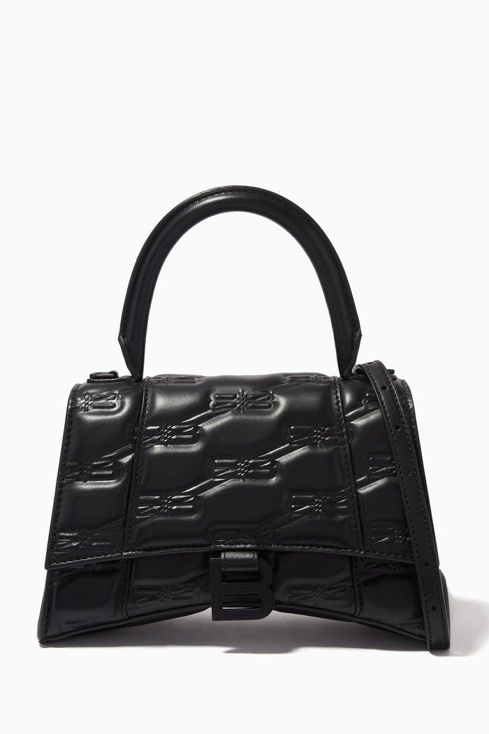 Hourglass Small Top Handle Bag in BB Monogram Leather, Black