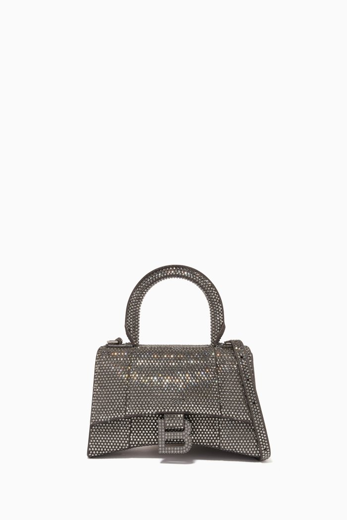 Hourglass XS Top Handle Bag in Rhinestones Suede Calfskin, Grey