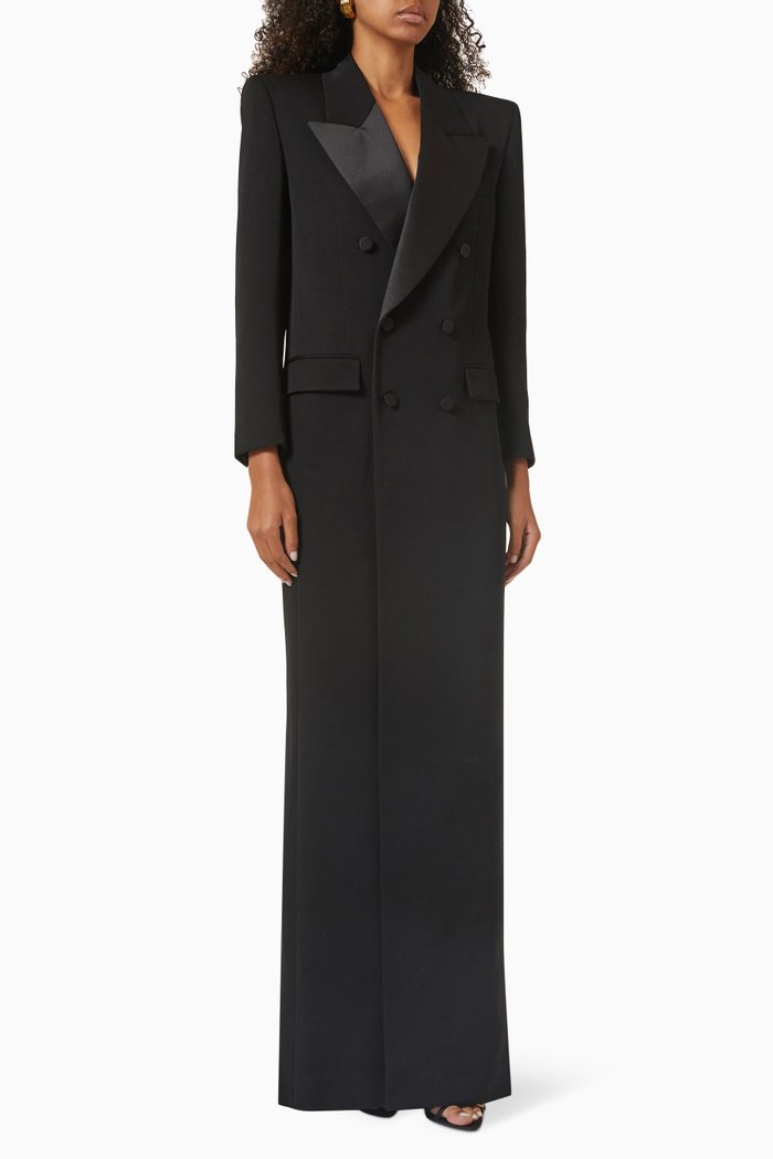 

Long Tuxedo-style Coat in Grain De Poudre, Black