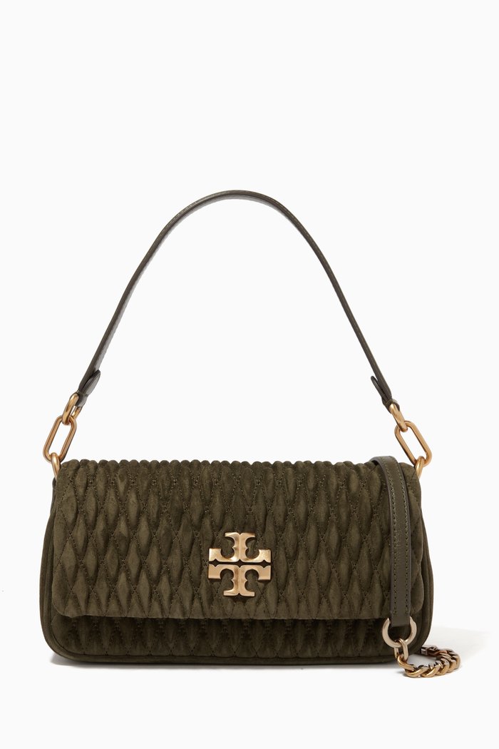 Small Kira Ruched Shoulder Bag in Suede, Green