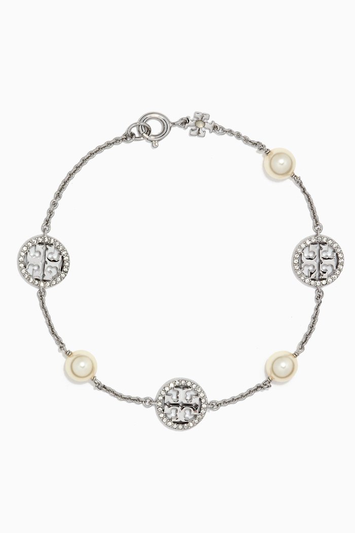 

Crystal Pearl Delicate Logo Bracelet in Metal, Silver