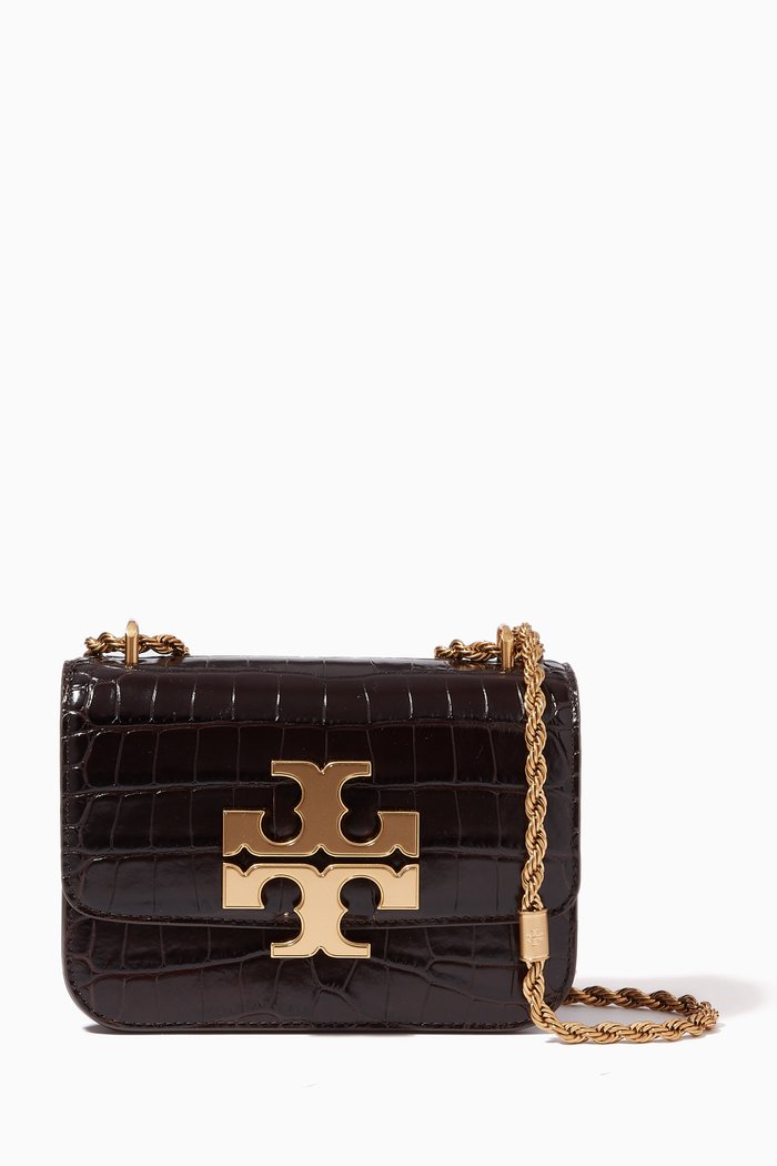 Small Eleanor Convertible Shoulder Bag in Croc-embossed Leather, Brown