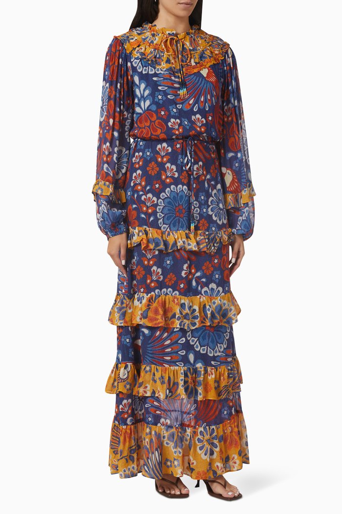 

Mixed Pineapple Flowers Maxi Dress in Viscose, Blue