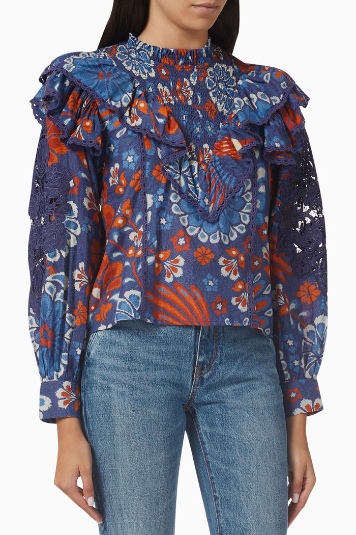 Pineapple Flowers Lace-trimmed Blouse in Cotton, Blue