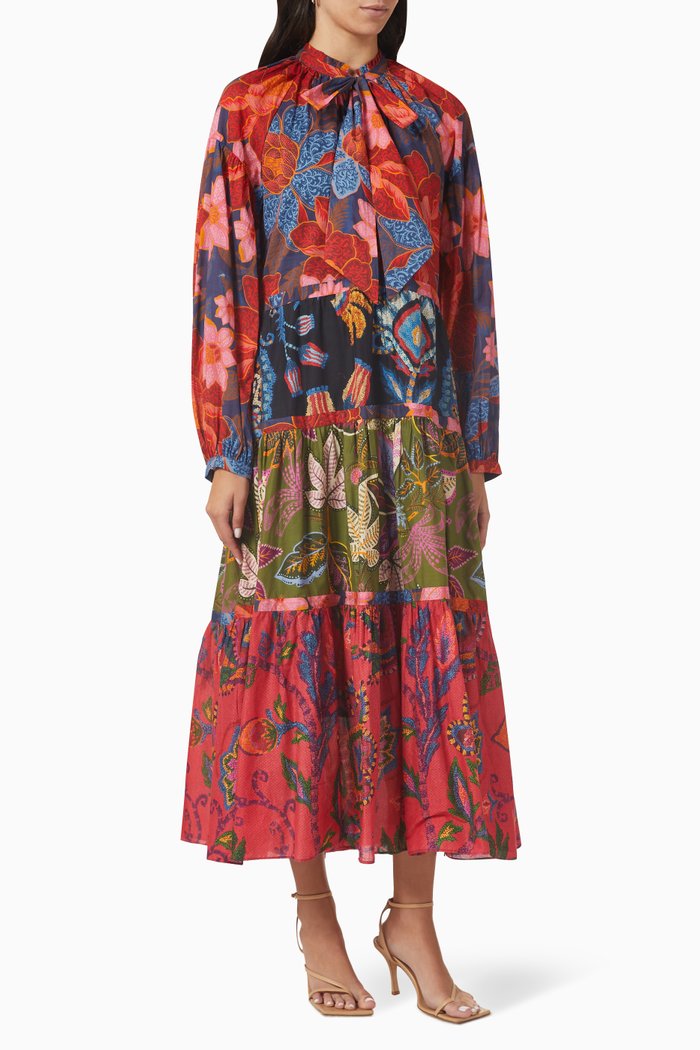 Mixed Flowers Tie-collar Maxi Dress in Viscose, Multicolour