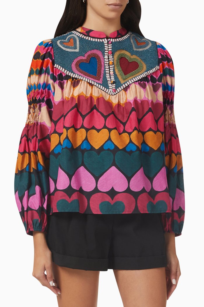 

Full of Hearts Embroidered Blouse in Cotton, Multicolour