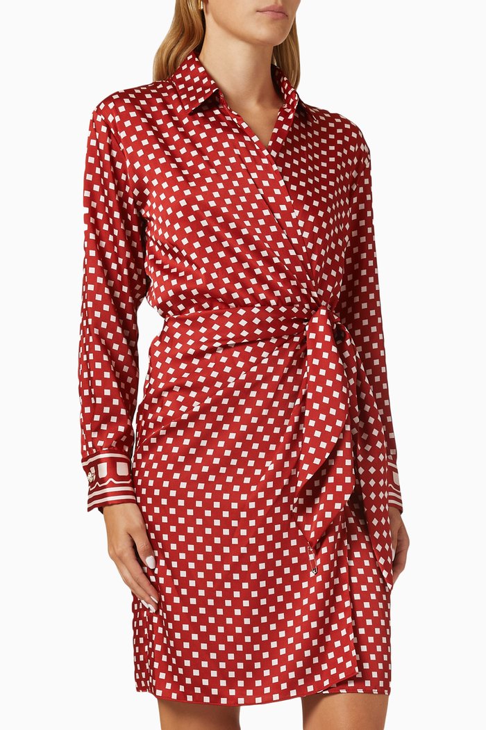 

Bavero Printed Mini Wrap Dress in Recycled Twill, Red
