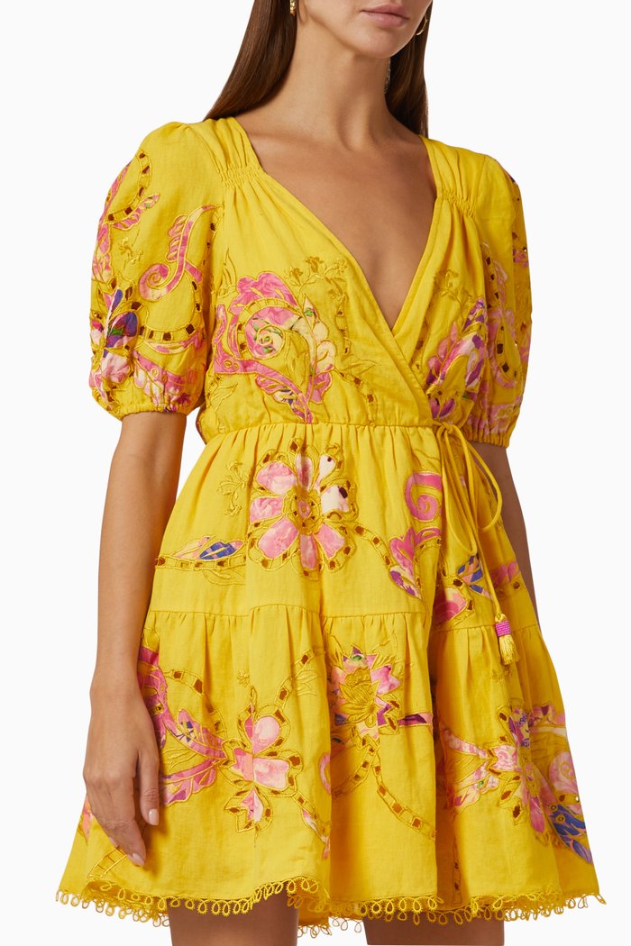 

Floral-embroidered Mini Dress, Yellow