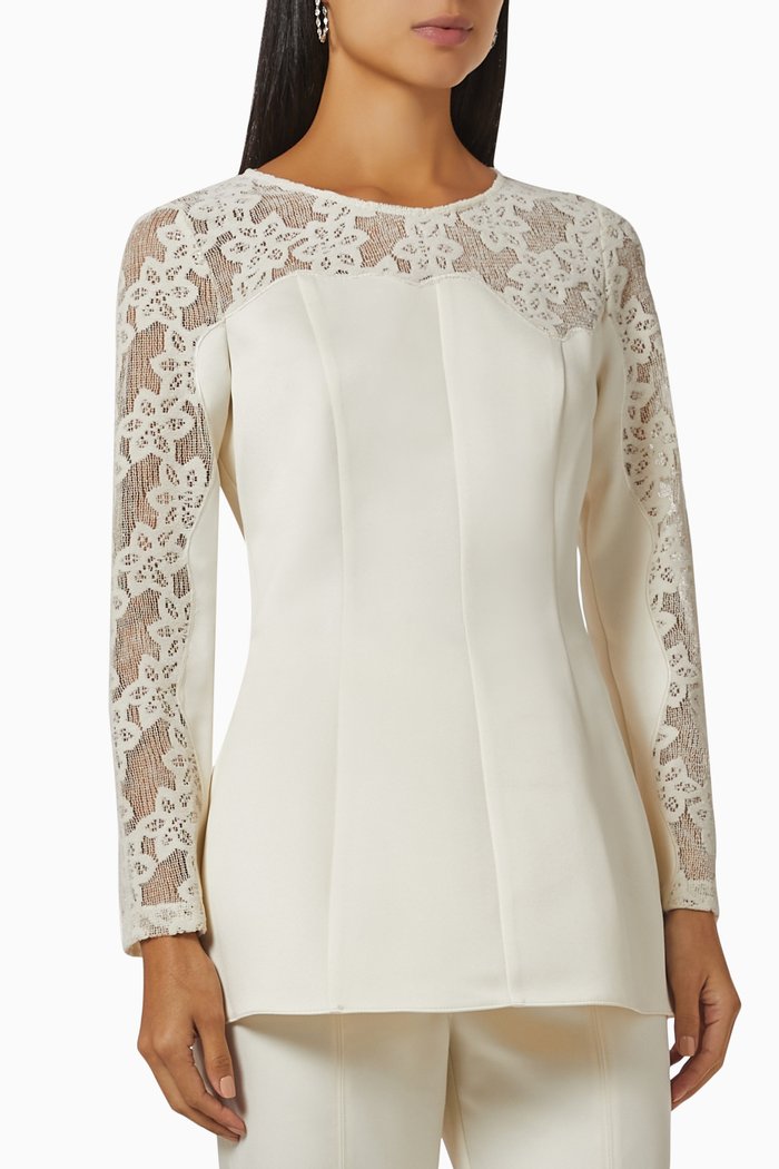 

Floral Lace-trimmed Blouse, White