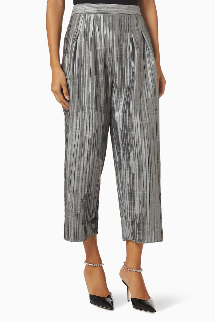 

Metallic-finish Pleated Cropped Pants, Silver