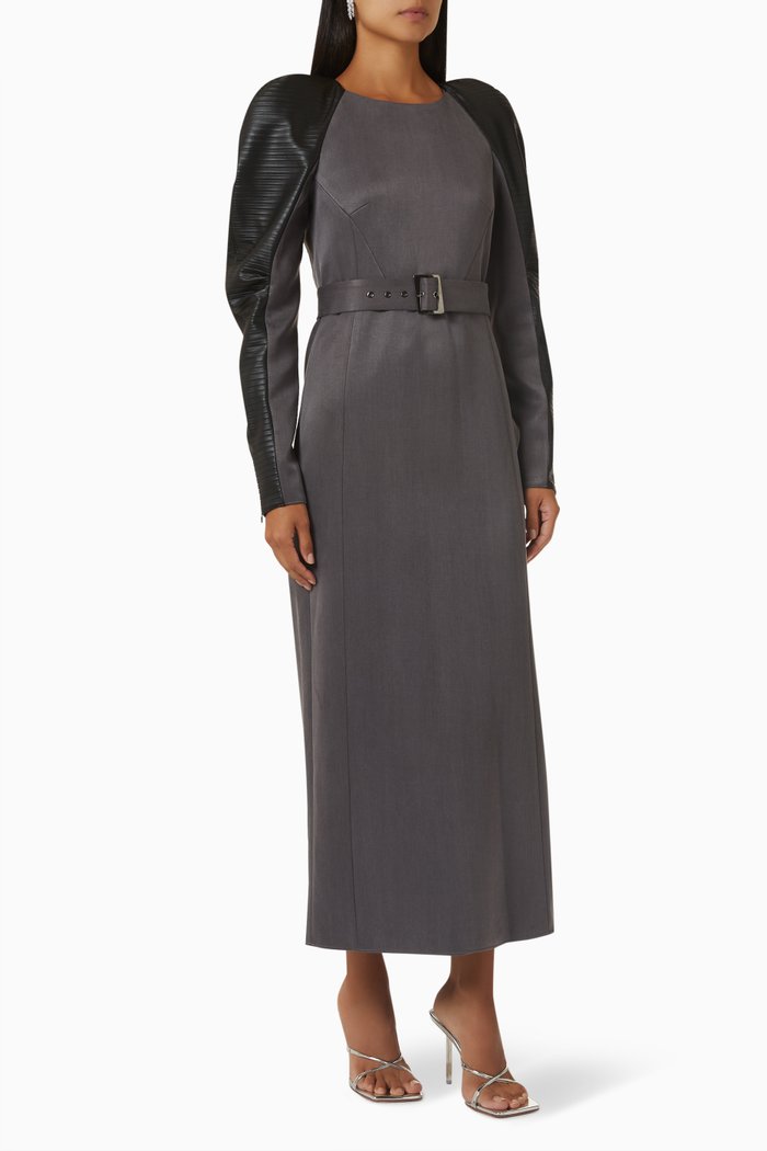 

Zipped Puff-sleeve Midi Dress, Grey