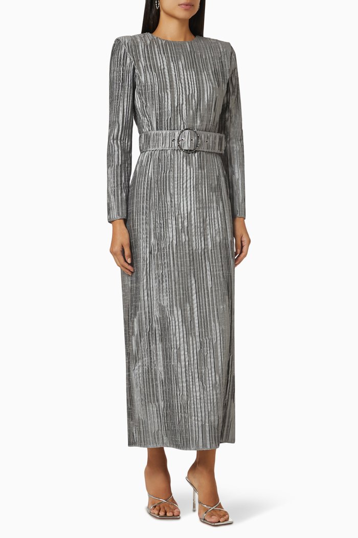 

Metallic-finish Pleated Maxi Dress, Silver