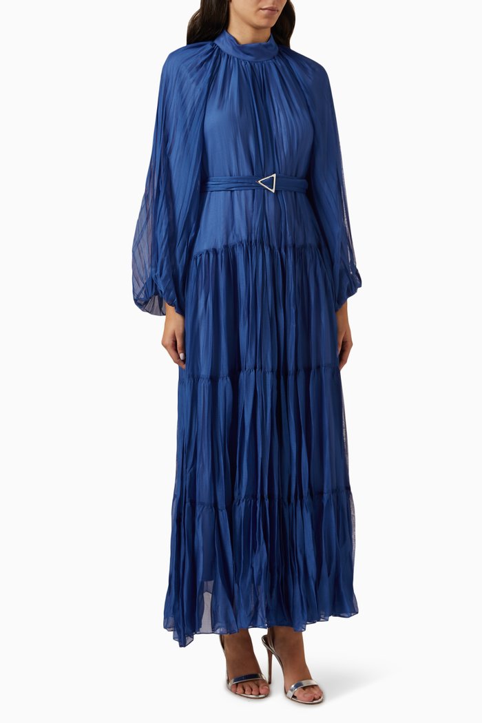 

Pleated Balloon-sleeve Maxi Dress, Blue