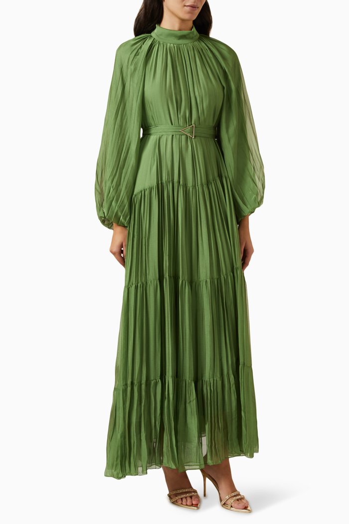 Pleated Balloon-sleeve Maxi Dress, Green