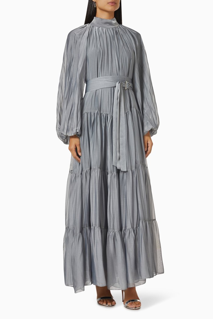 

Pleated Balloon-sleeve Maxi Dress, Grey