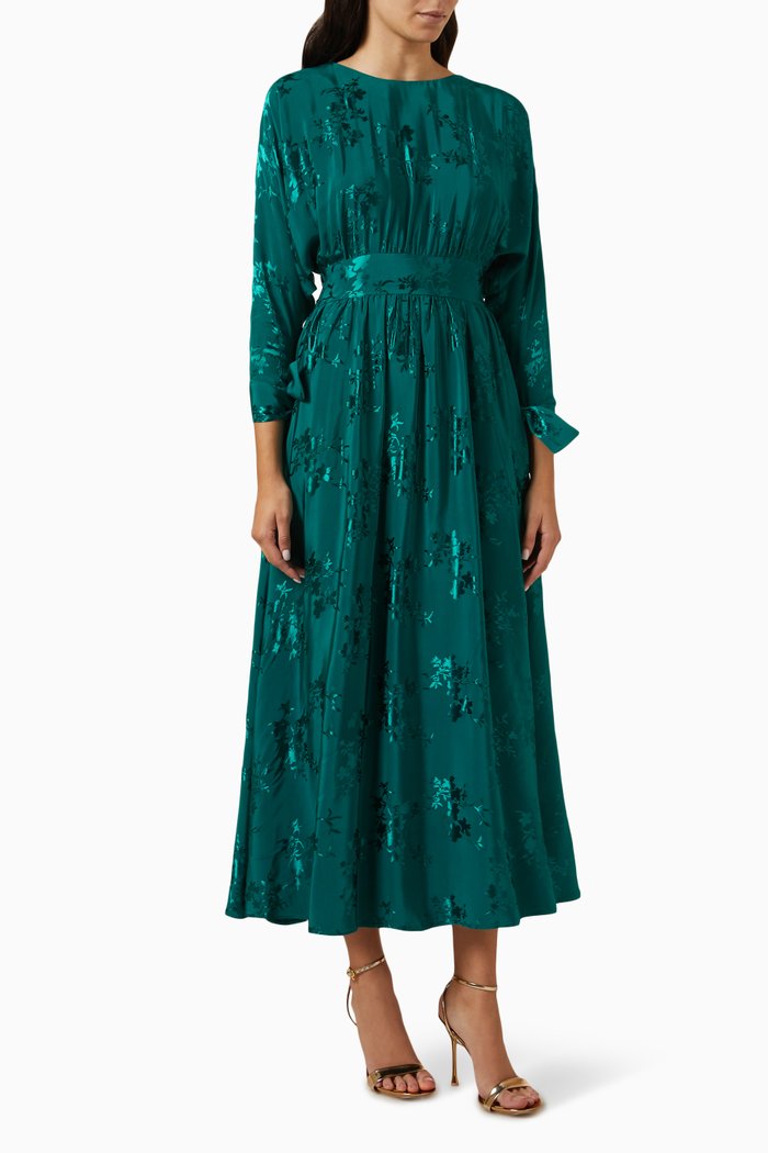

Floral Belted Midi Dress in Jacquard, Green