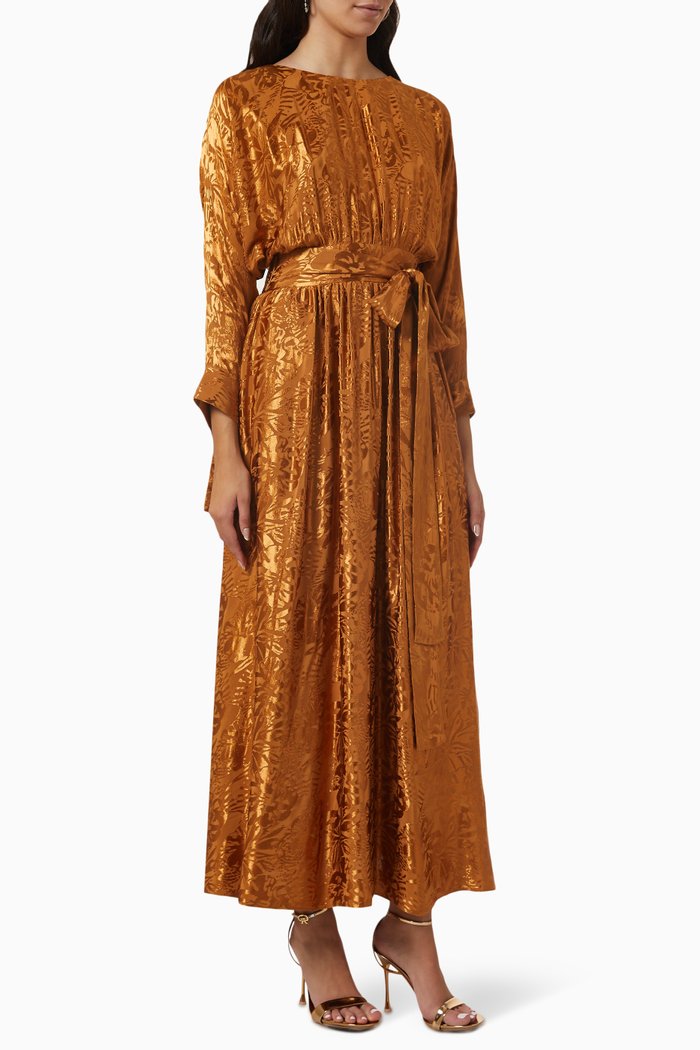 

Floral Belted Midi Dress in Jacquard, Gold
