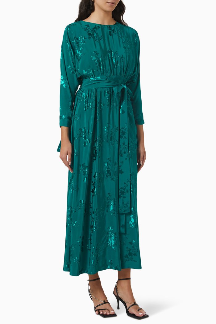 

Floral Belted Midi Dress in Jacquard, Green