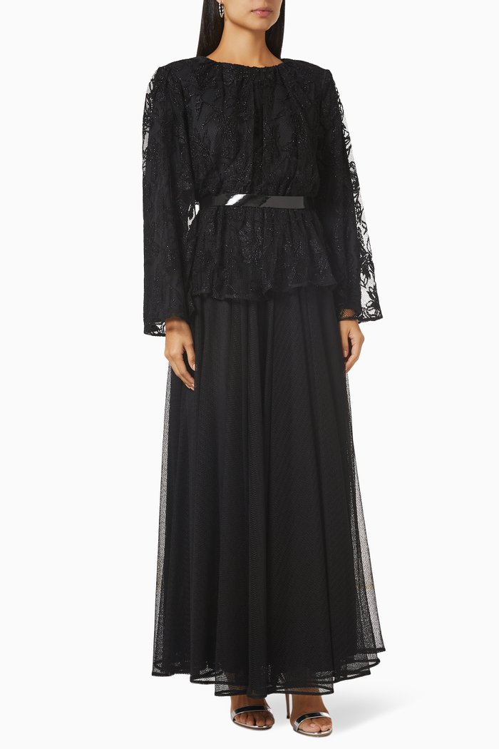 

Belted Maxi Dress in Lace & Tulle, Black