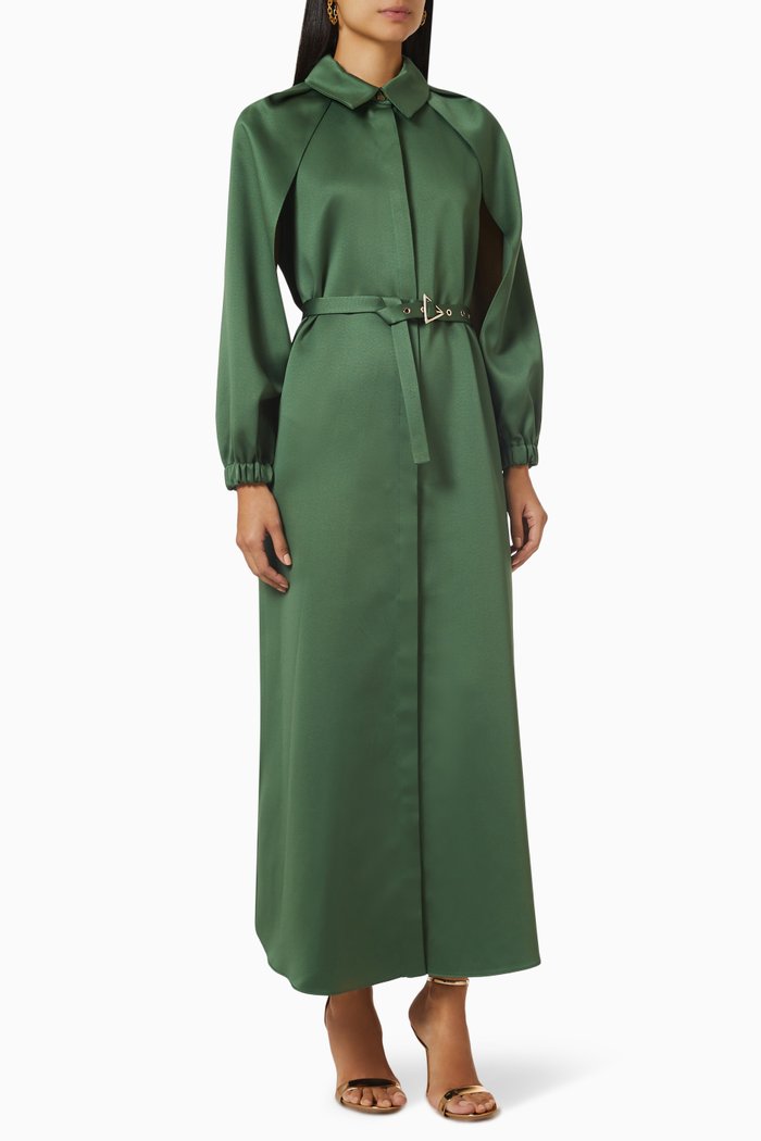 

Belted Maxi Shirt Dress in Satin, Green