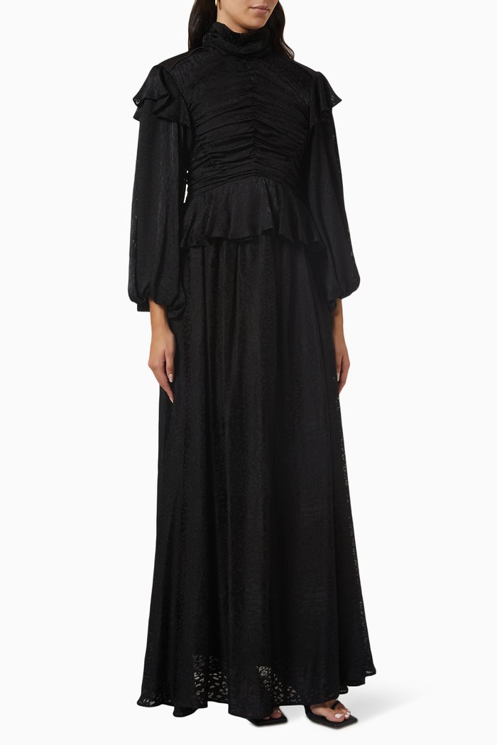 

Ruched Frill-trimmed Maxi Dress, Black