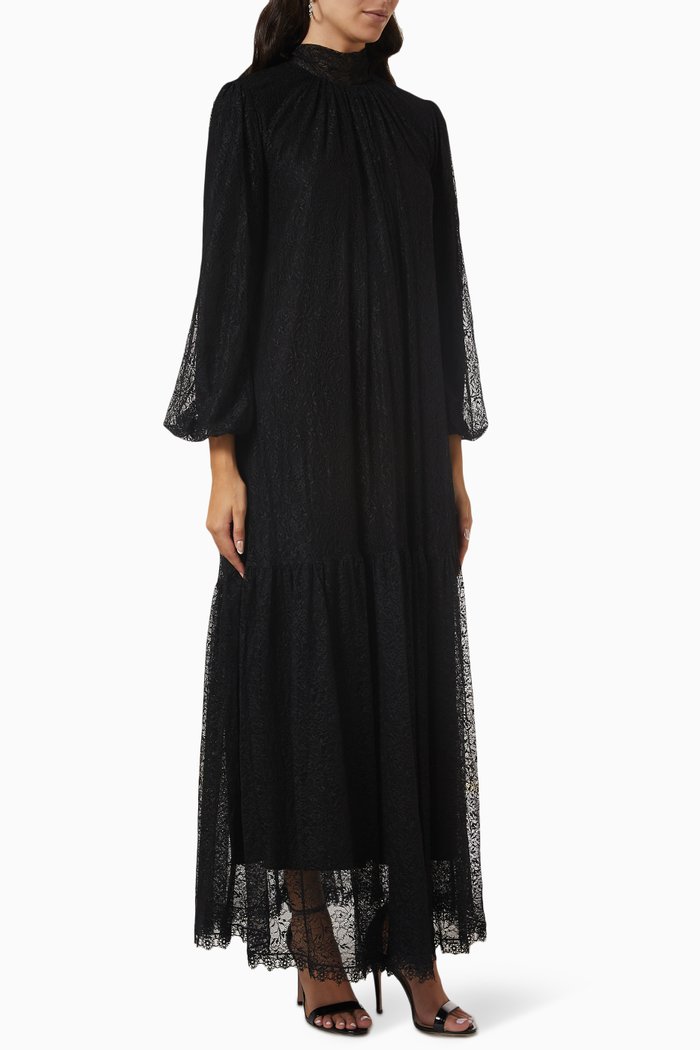 

Balloon-sleeve Maxi Dress in Lace, Black