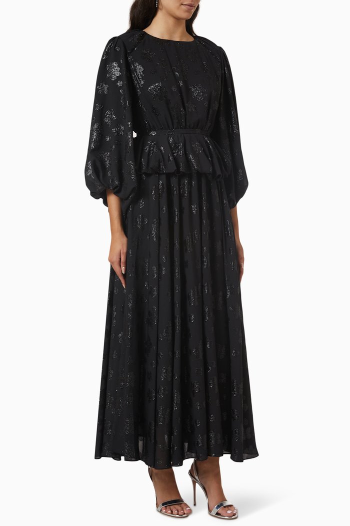 

Peplum-waist Maxi Dress in Metallic-jacquard, Black