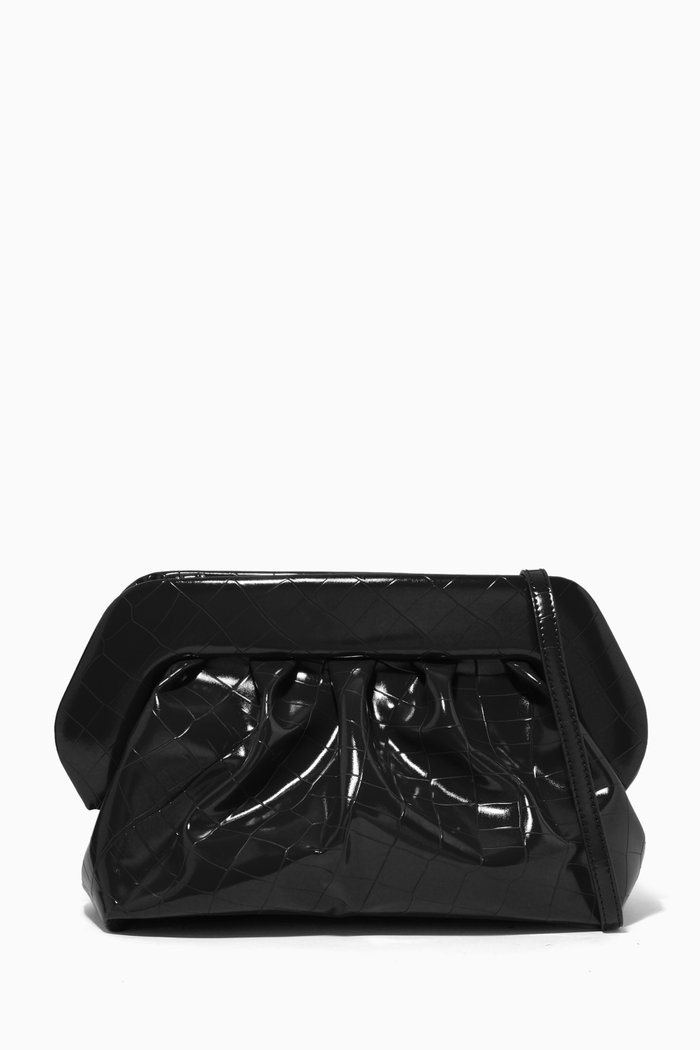 

Medium Bios Clutch Bag in Shiny Croc-embossed Vegan Leather, Black