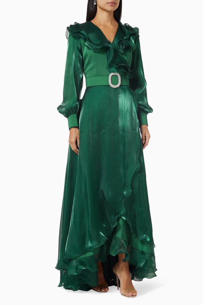 

Ginebra Belted Ruffle Maxi Dress, Green