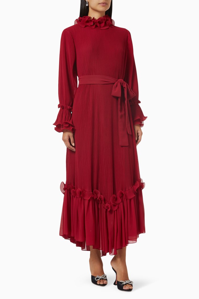 

Lucia Ruffled Midi Dress in Plissé, Red
