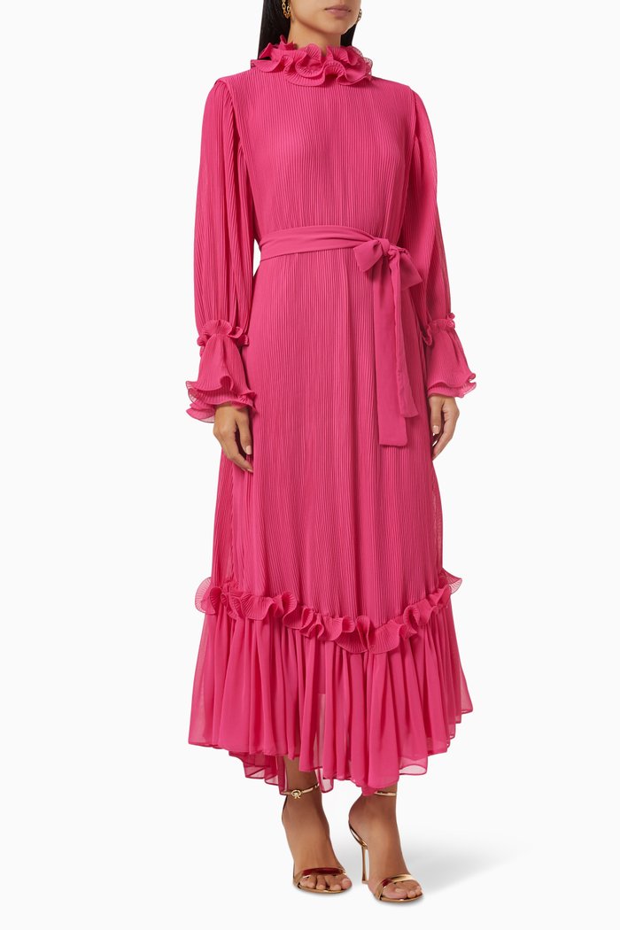 

Lucia Ruffled Midi Dress in Plissé, Pink