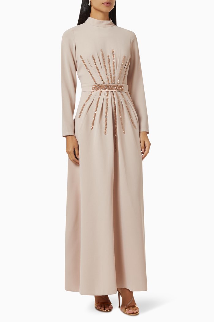 

Crystal-embellished Belted Maxi Dress in Crêpe, Neutral