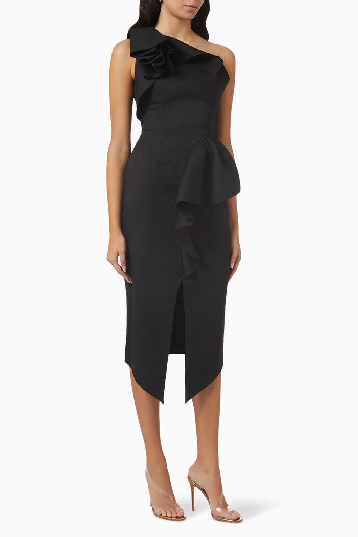 

Amara One-shoulder Ruffle Midi Dress, Black