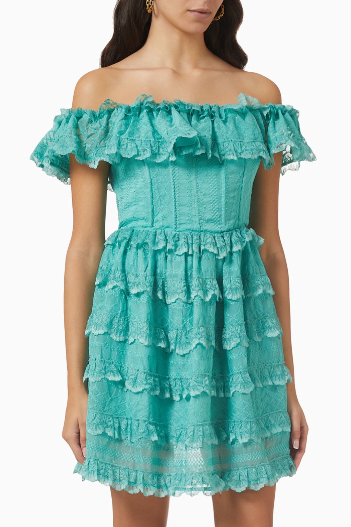 

Objective Ruffle Off-shoulder Mini Dress, Green