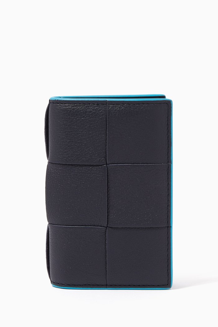 

Flap Card Case in Intreccio Grained Leather, Blue