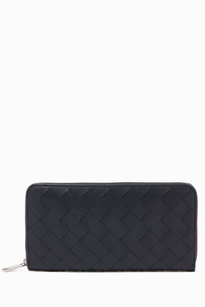 

Zip-around Wallet in Intrecciato Calfskin, Blue