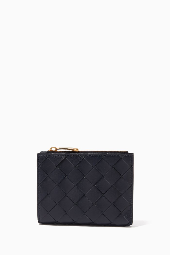 

Bi-fold Zipper Wallet in Intrecciato Leather, Blue