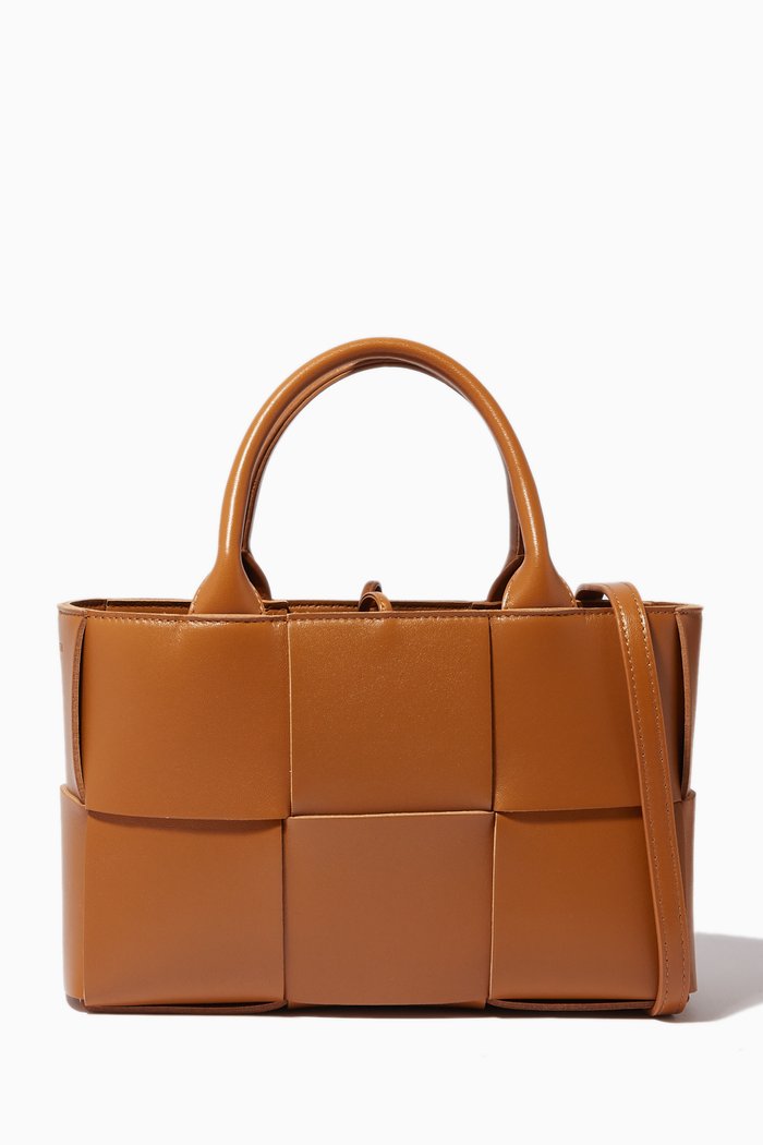 Mini Arco Tote Bag in Intreccio Leather, Brown