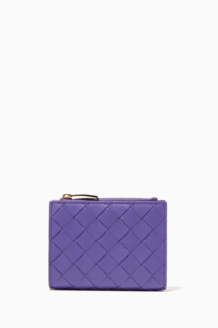 

Bi-fold Zipper Wallet in Intrecciato Leather, Purple