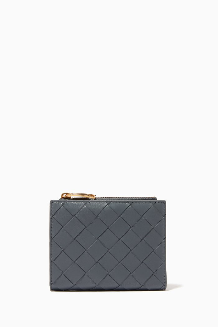 

Bi-fold Zipper Wallet in Intrecciato Leather, Grey